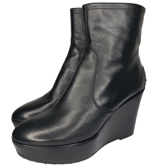Tod's Womens Boots Size 40 EU Black Platform Leather Wedge Ankle Boot Side Zip - Picture 1 of 16